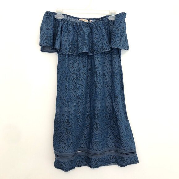 SOFT SURROUNDINGS Dark Wash Denim Chambray Aztec Boho Off the Shoulder Tunic Top - Picture 2 of 11